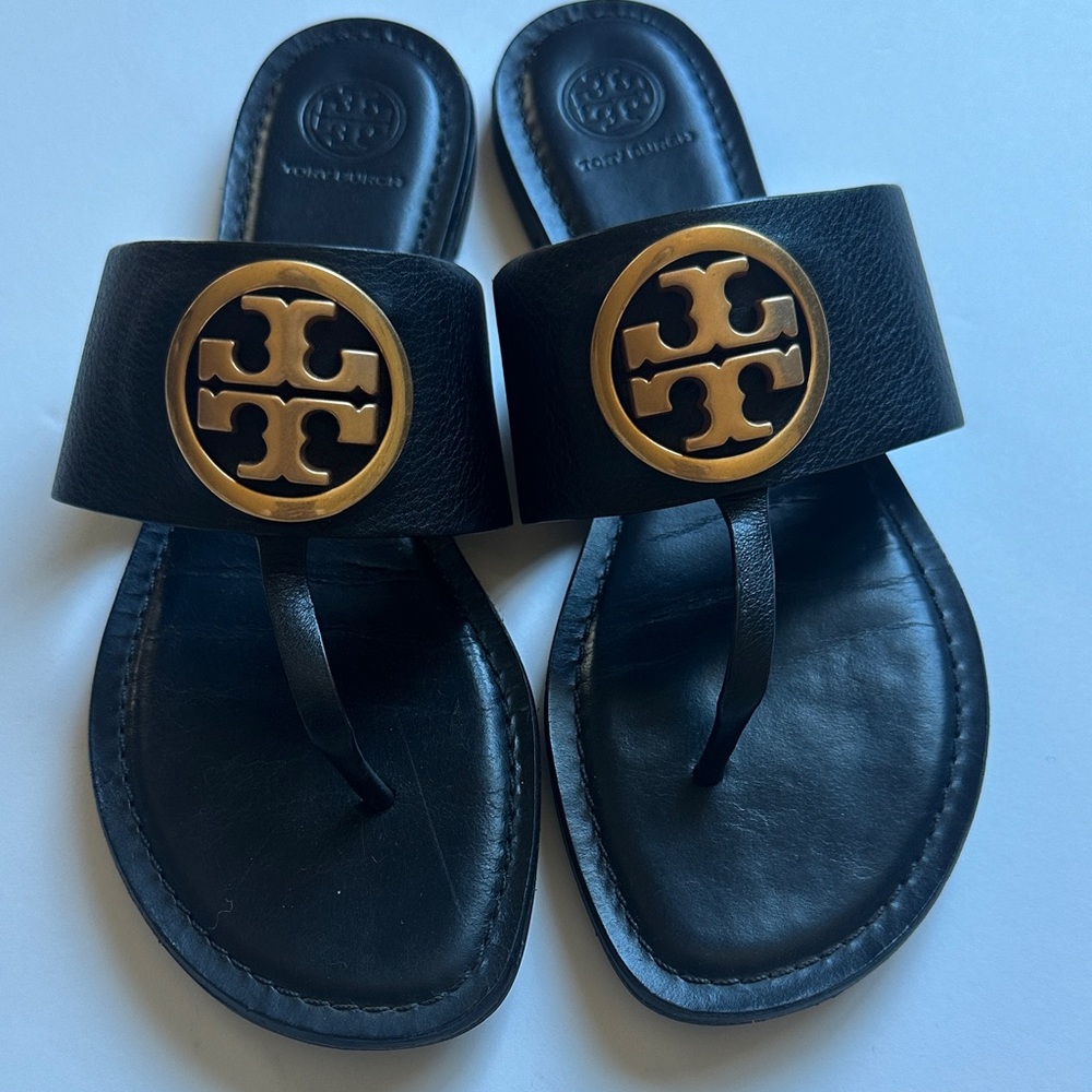 Tory Burch Black Leather Logo Slide Sandals with Gold Medallions